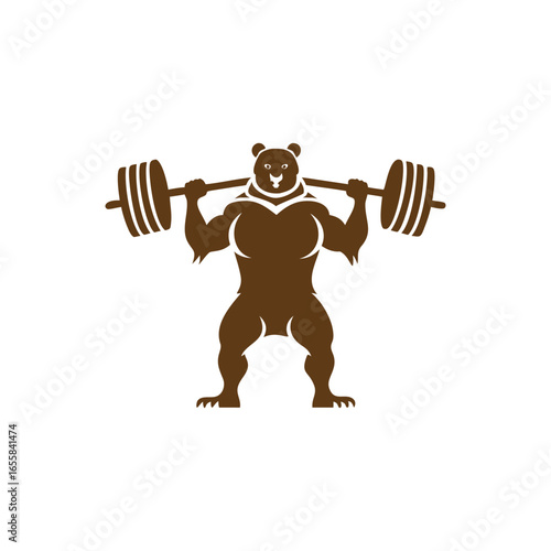 Brown bear lifting a barbell with weights in a strongman pose on white background