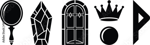 Collection of medieval royal magical fantasy icons in silhouette style