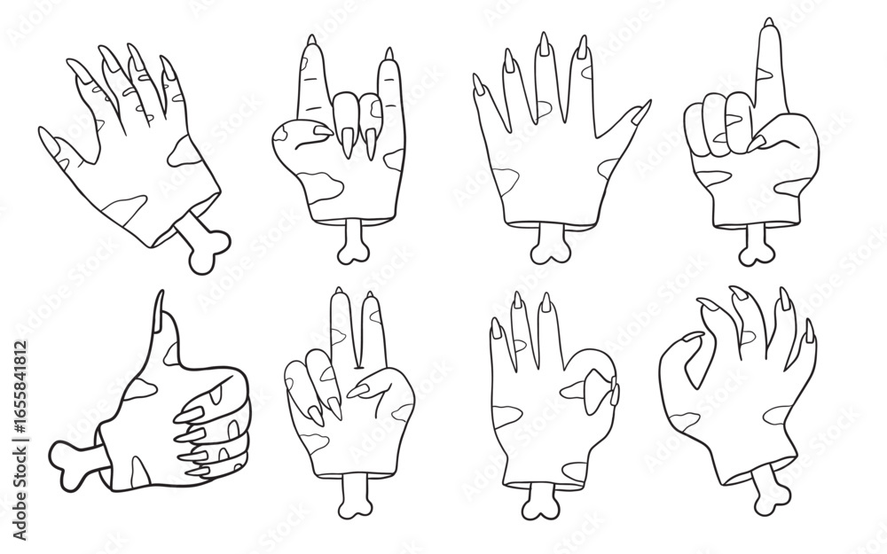 Fototapeta premium Outline funny Halloween hand zombie illustration set.