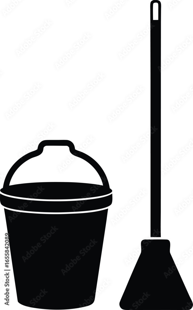 Fototapeta premium Broom and Bucket Silhouette Icon