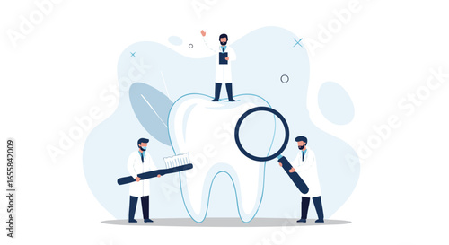 Dental Care and Hygiene Tiny Dentists Examine a Giant Tooth