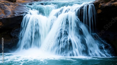 Cascading waterfall with multiple tiers long exposure effect rock formations