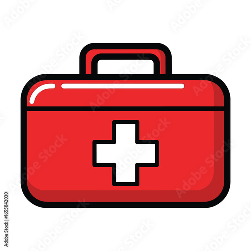Illustration of a red first aid kit with a white cross, representing emergency medical supplies and healthcare