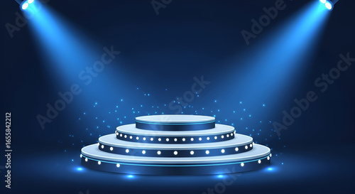 Podium stage with spot lights background - a multitiered circular stage with bright blue spotlights illuminating the center, creating a dramatic and celebratory atmosphere for an event or performance