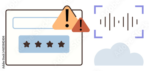Password input panel with warning icons, sound wave symbol for voice recognition, and cloud shape. Ideal for cybersecurity, data safety, authentication, warning, encryption, cloud security simple