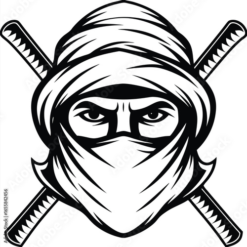 Menacing eyes of the shrouded ninja warrior are visible amidst crossed katanas