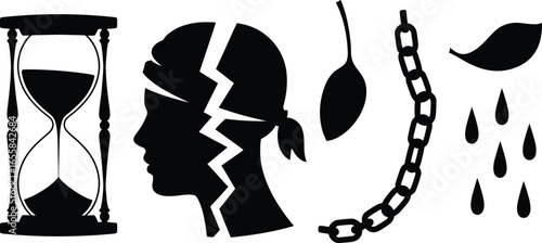 Collection of painful emotional and mental health concept icons in silhouette style