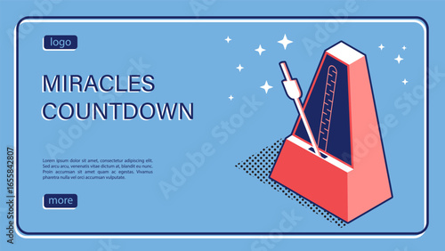 Isometric landing page, metronome device marks short intervals of time with regular sound beats. Announcement of annual interview promotion banner. Isometric vector linear banner top view