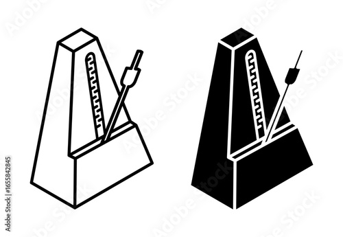 Linear icon, isometric metronome device marks short intervals of time with regular sound beats aerial view. Simple black and white top view vector isolated on white background