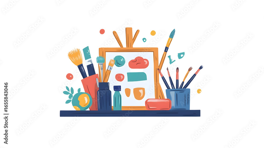 Obraz premium Creative art supplies arrangement studio illustration colorful indoor artistic inspiration