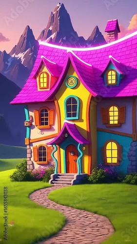 Vibrant Fairytale House Nestled in Valley with Snowy Mountains – Fantasy Environment Footage