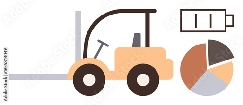Forklift with extended forks alongside a battery icon and segmented pie chart highlighting energy efficiency, productivity, logistics, operational planning, sustainability, equipment monitoring