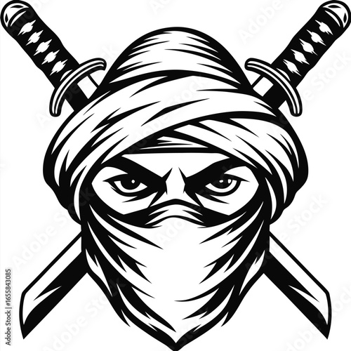 Masked warrior’s intense eyes pierce through darkness, framed by crossed swords in stark black tone