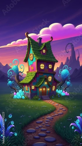 Fantasy Path to Colorful House at Dusk – Enchanted Evening Scene for Cinematic Use
