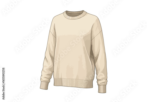 A tan crewneck sweatshirt with ribbing at the collar cuffs and hem isolated on a white background