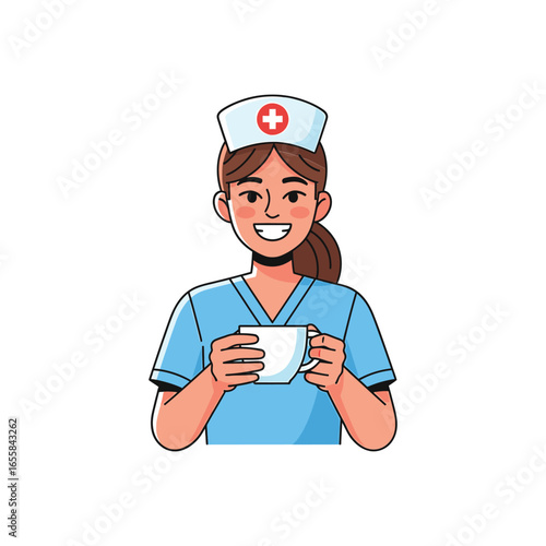 Illustration of a smiling nurse holding a cup of coffee or tea, a healthcare professional taking a break
