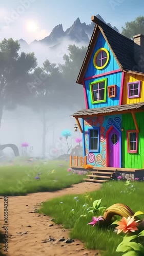 Colorful Fantasy House with Misty Mountains and Floral Trail – Creative Illustration Footage