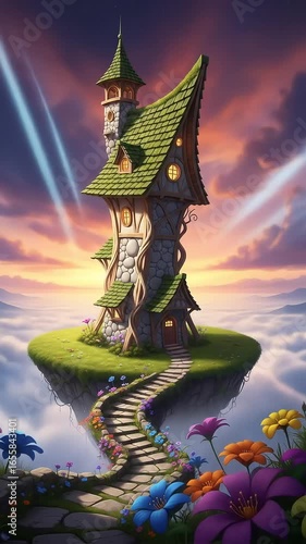 Enchanting Floating House with Spiral Staircase at Sunrise – Magical Fantasy Stock Footage