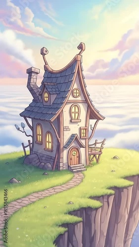 Fairytale House on Clifftop at Sunset Above Cloudscape – Fantasy Game Background Footage