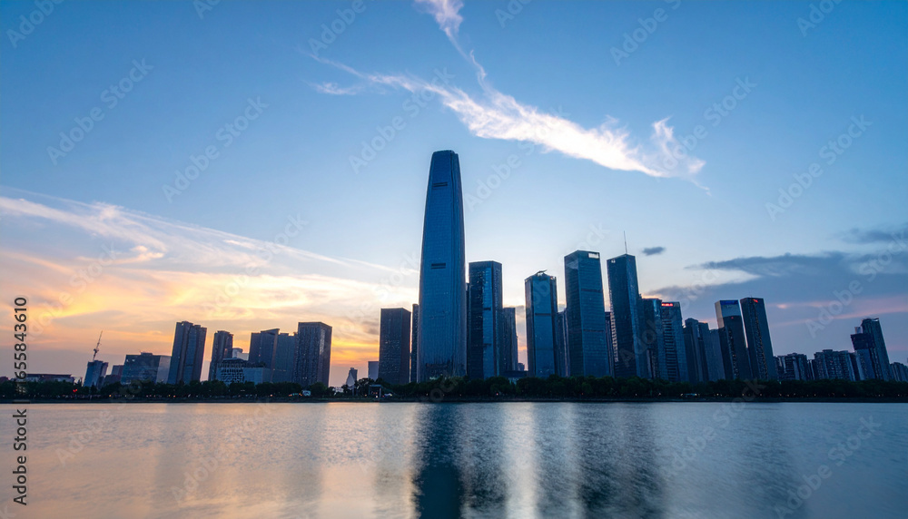 Naklejka premium Silhouette of tall city skyscrapers with glowing orange sunset sky. Ideal for urban, skyline, architecture, or travel stock themes.