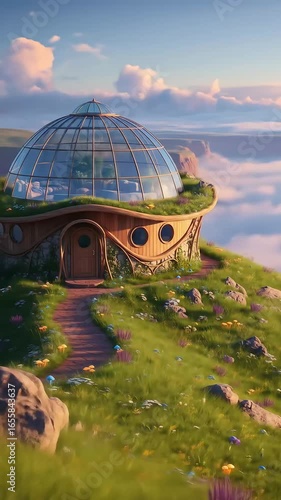 Domed House on Cliff Above the Clouds – Cinematic Vertical Scene for Visual Storytelling