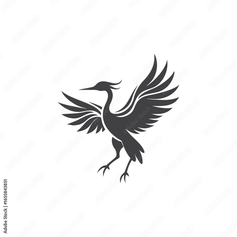 Fototapeta premium Elegant Silhouette of a Crane or Heron in Flight with Stylized Wings on White Background