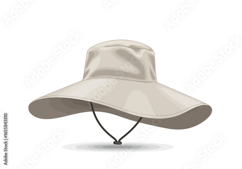 Beige sun hat with a wide brim and a black chin strap casting a soft shadow