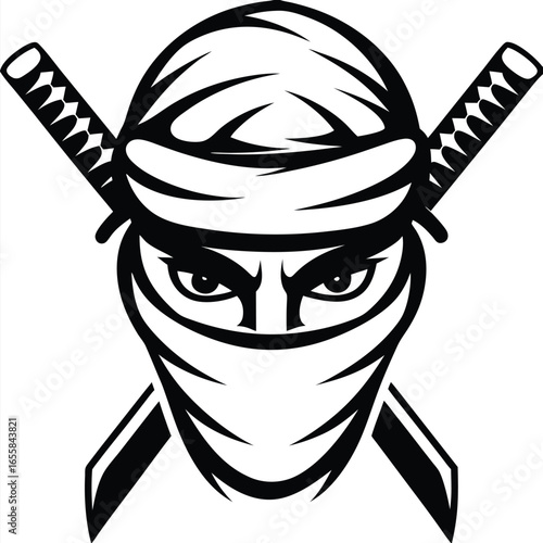 Masked ninja gazes intensely behind crossed swords in a bold, monochrome emblem