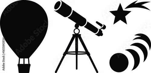 Stylized space observation telescope with hot air balloon silhouette