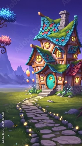 Fantasy House with Glowing Lights and Stone Path – Scenic Vertical Footage
