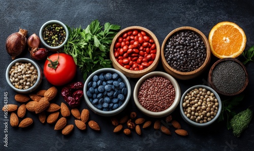 Variety of iron supplements and multivitamins displayed on a table, emphasizing their role in maintaining and improving dietary iron levels, supporting overall health and vitality, Generative AI