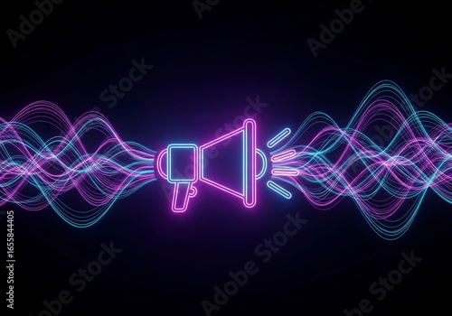 A futuristic concept of digital communication and marketing, with a neon megaphone emitting colorful, abstract sound waves

