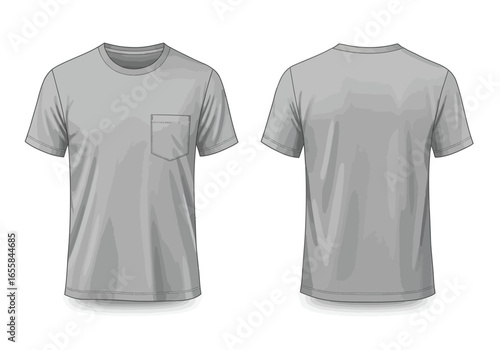 Gray tshirt illustrations One front view with pocket one back view Simple neutral design
