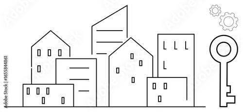 Outline of city skyline with residential and office buildings, large key symbol signifying solutions, and cogwheels illustrating processes. Ideal for real estate, urban planning, innovation