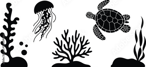Vibrant underwater ocean life silhouette with coral reef and marine creatures