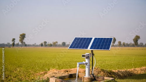 Solar powered water pump is in a field