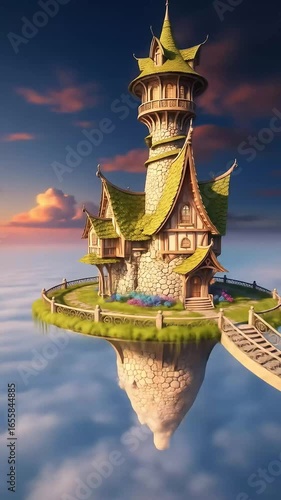 Fantasy Tower House Rising from Clouds at Sunset – Game Design Environment Footage