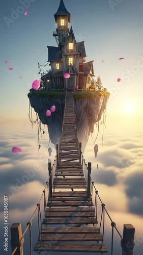 Surreal Floating House with Wooden Bridge and Petals – Dreamy Fantasy Environment