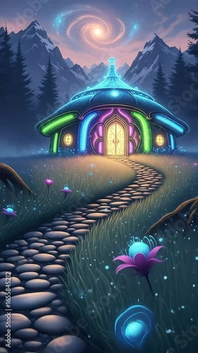 Glowing Cottage with Stone Path and Mountain View – Fantasy Scene for Video Projects