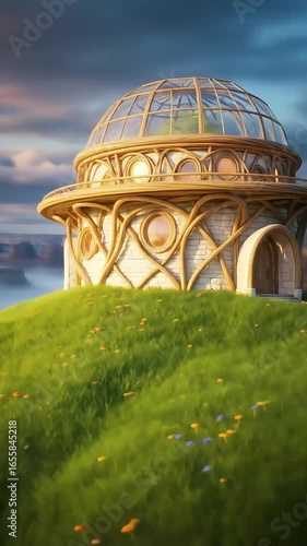 Hilltop Dome Home Overlooking Sunset Canyon – Vertical Banner Footage for Cinematic Use