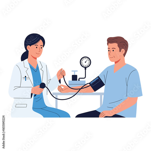 A doctor is measuring the blood pressure of a patient during a medical checkup at the clinic