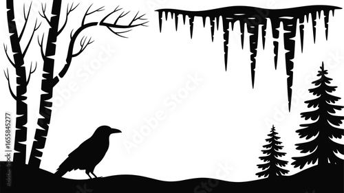 A serene winter landscape scene featuring a lone crow silhouette against a cold sky