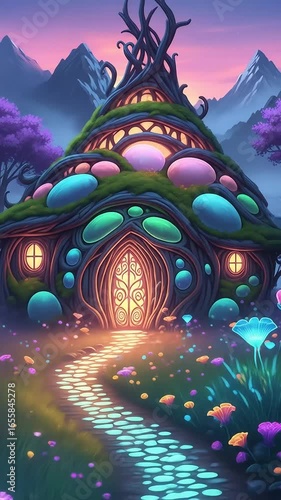 Magical Treehouse with Forest Path and Mountain View – Surreal Fantasy Footage