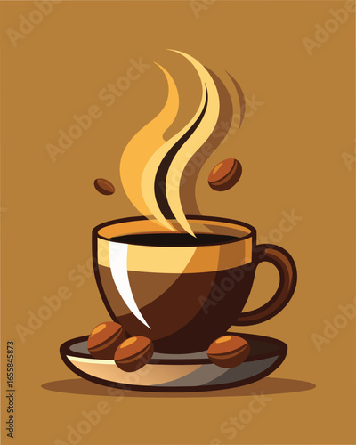 Stylized flat illustration of a steaming coffee cup