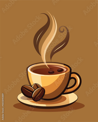 Stylized flat illustration of a steaming coffee cup