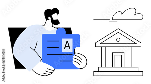 Man holding a blue puzzle piece with text, next to a minimalist government building illustration and a cloud. Ideal for concepts thumbs up governance, education, collaboration, strategy