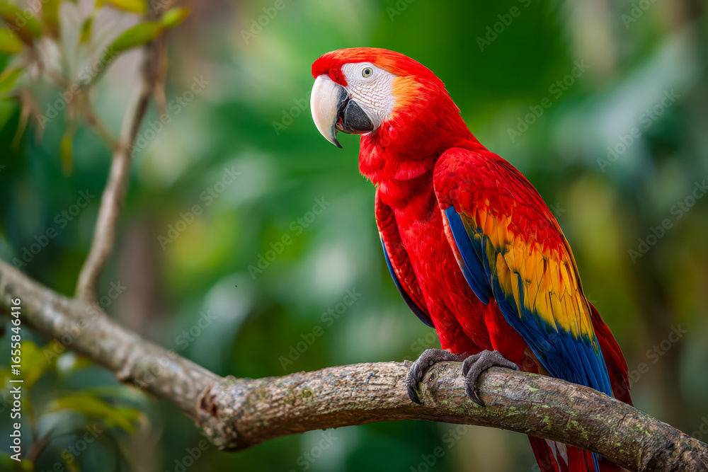 Obraz premium Vibrant red and gold macaw perched on a tree branch in lush rainforest