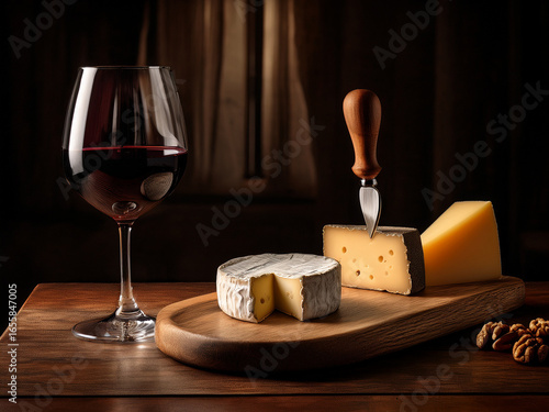 Sophisticated Wide Shot: A Platter of Cheese Paired with a Glass of Red Wine

