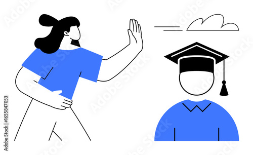 Woman gesturing rejection toward a graduate figure wearing a cap and gown under a floating cloud. Ideal for decision-making, education reform, personal growth, nonconformity, independence