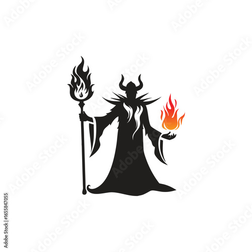 Silhouette of a horned wizard holding a flaming staff and a ball of fire magic sorcerer With Vector Design
